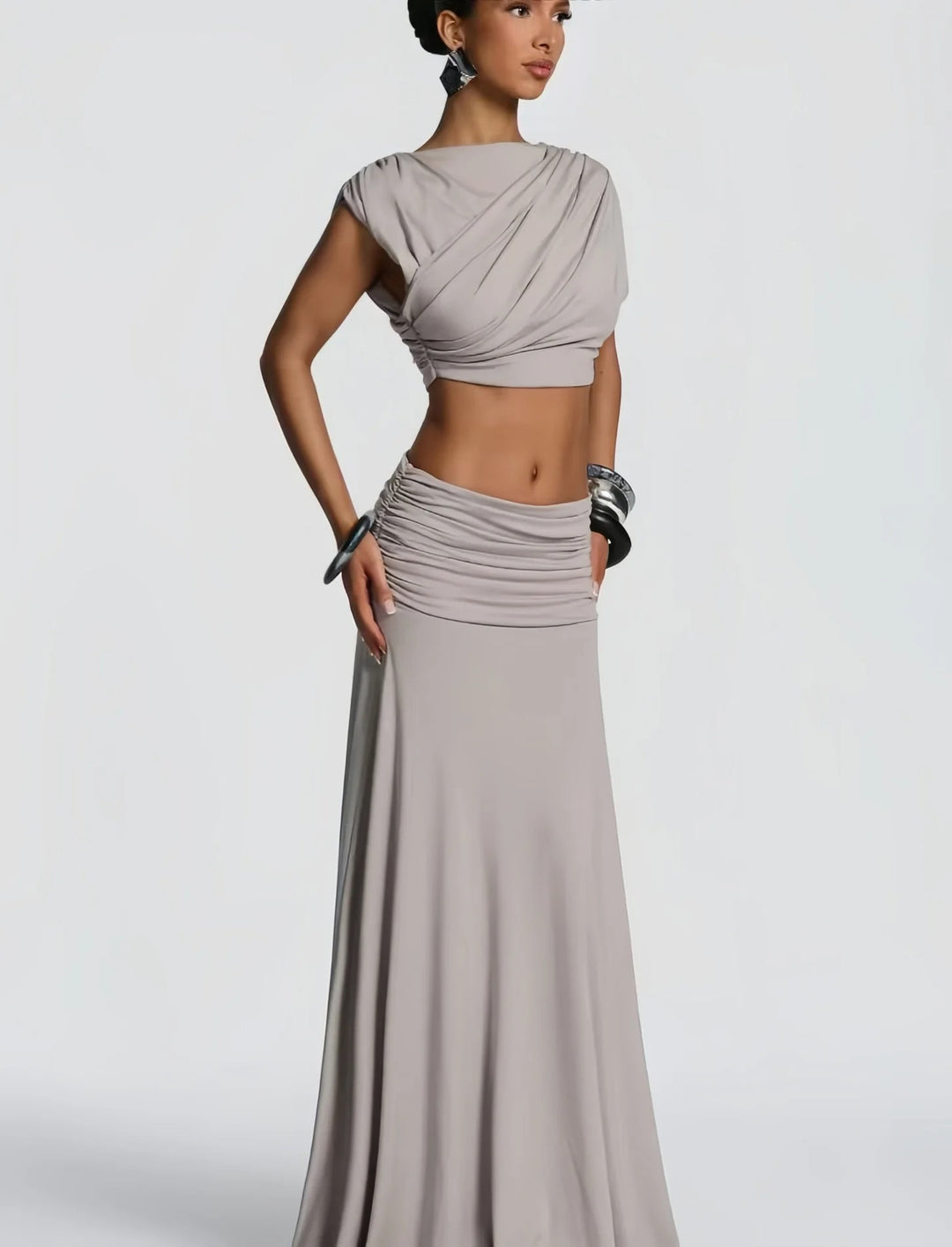 Seraphina – Ruched Satin Maxi Set