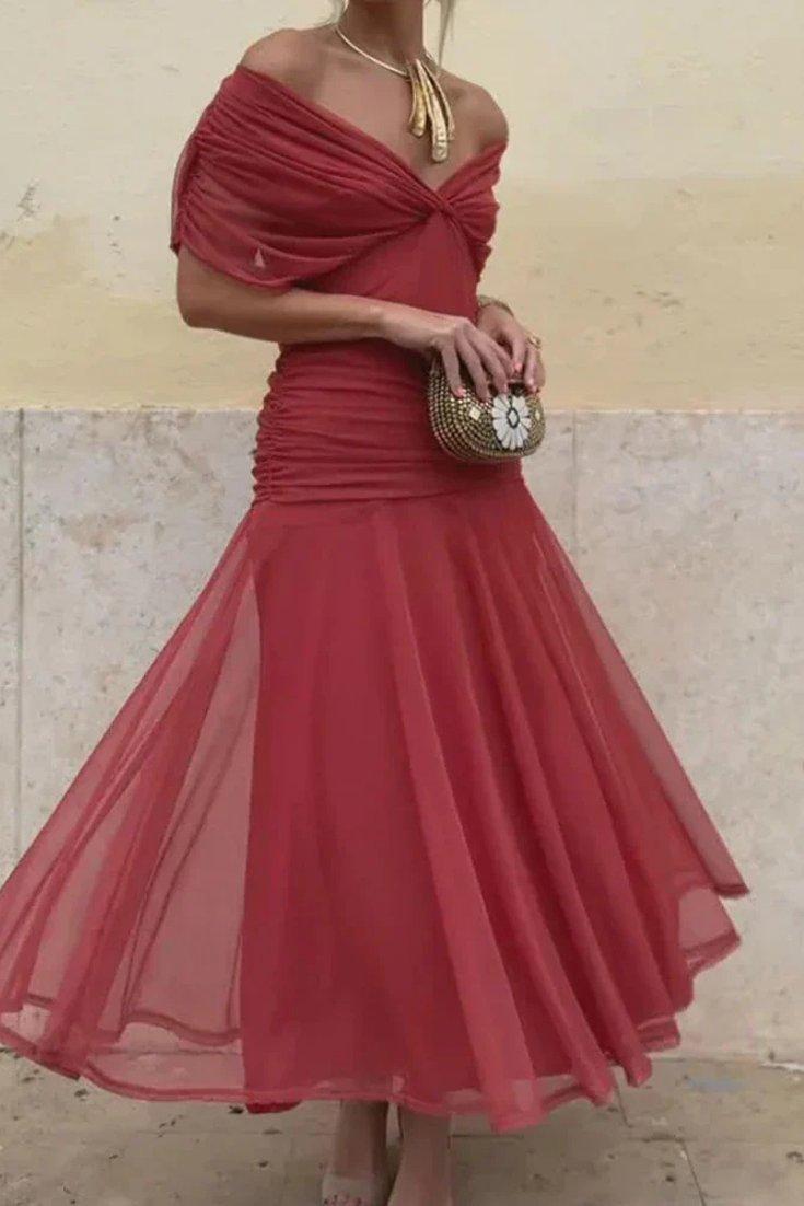 Amelia | Midi Dress Off-Shoulder Chiffon Ruched Twist-Front