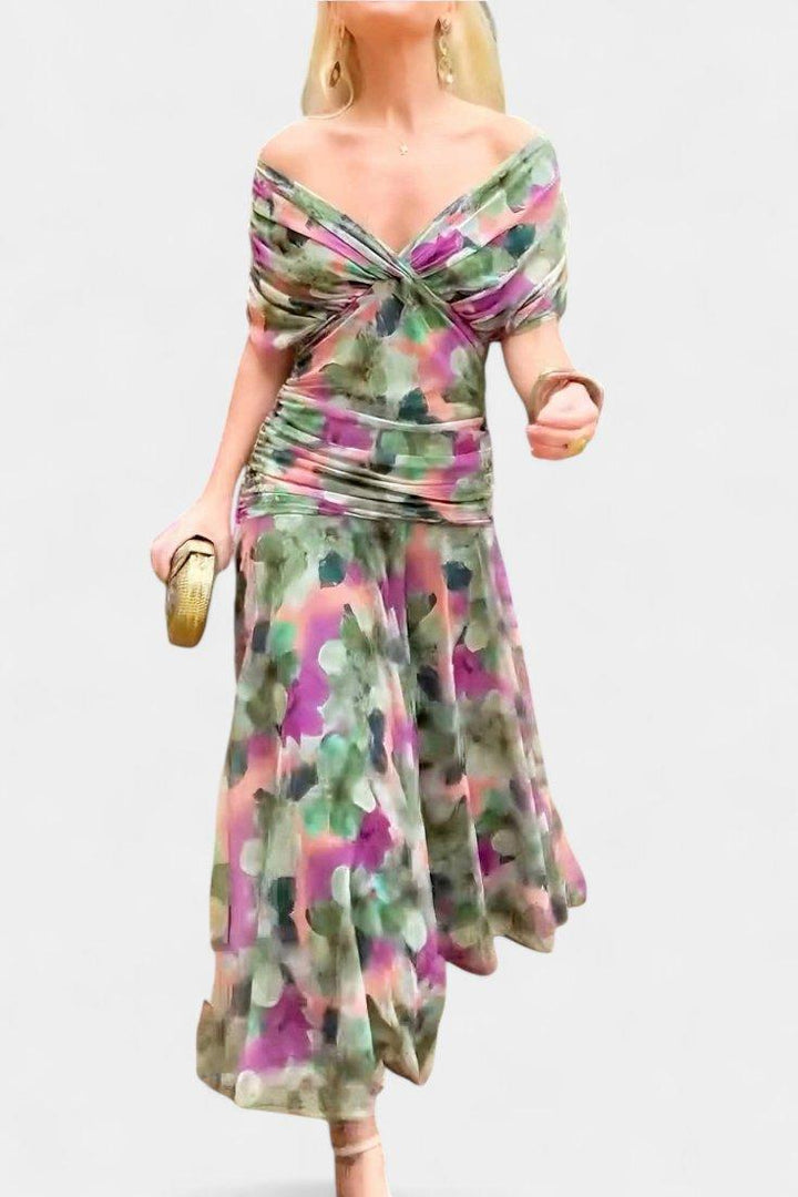 Amelia | Midi Dress Off-Shoulder Chiffon Ruched Twist-Front