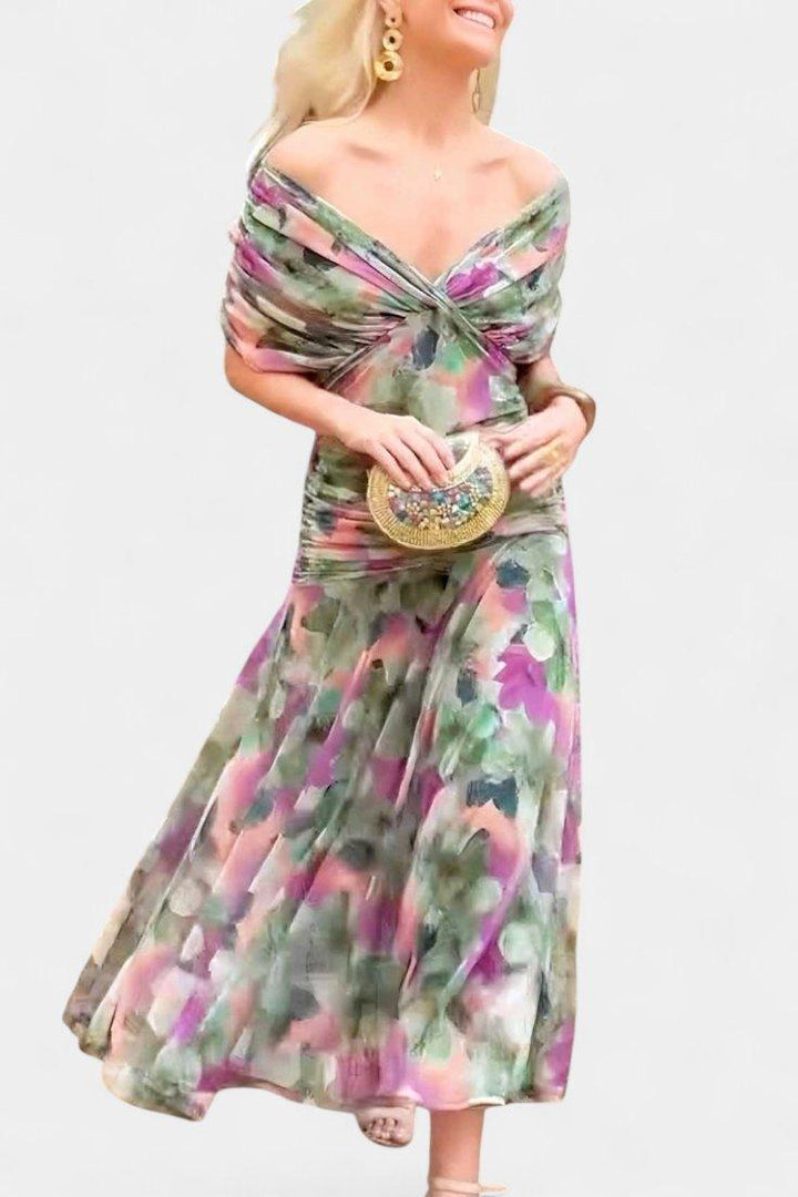 Amelia | Midi Dress Off-Shoulder Chiffon Ruched Twist-Front