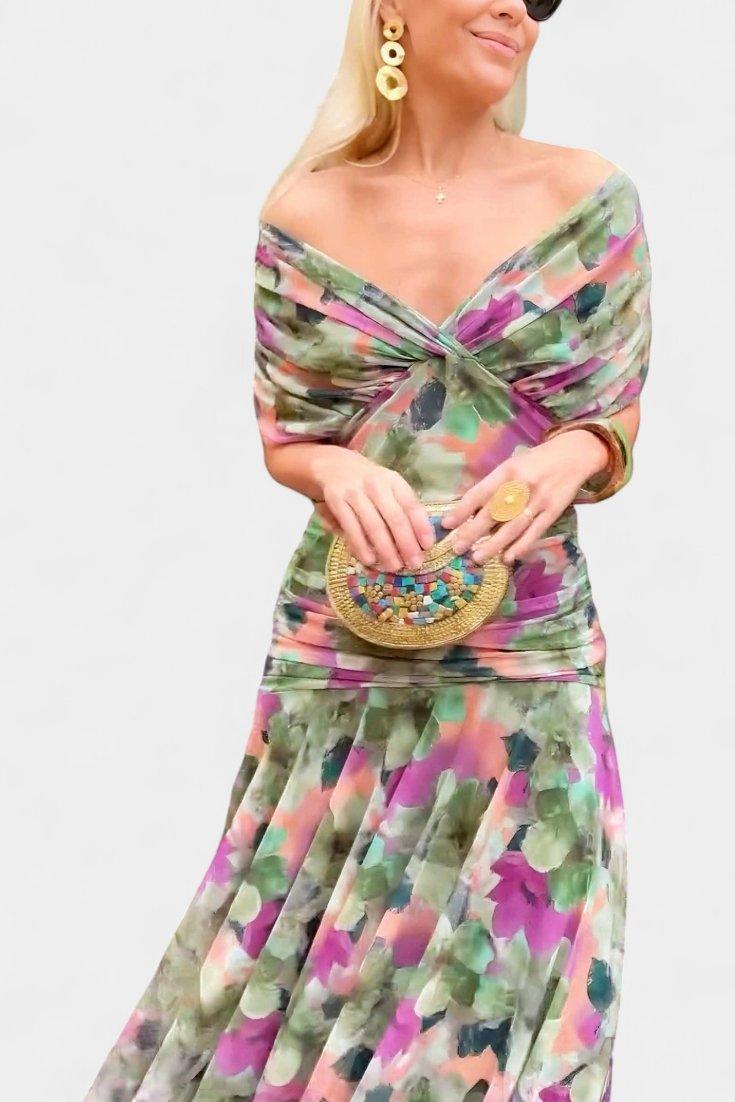 Amelia | Midi Dress Off-Shoulder Chiffon Ruched Twist-Front