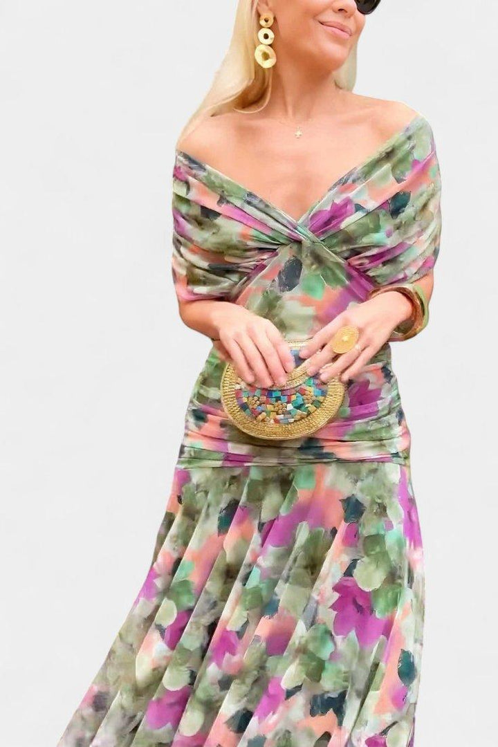 Amelia | Midi Dress Off-Shoulder Chiffon Ruched Twist-Front