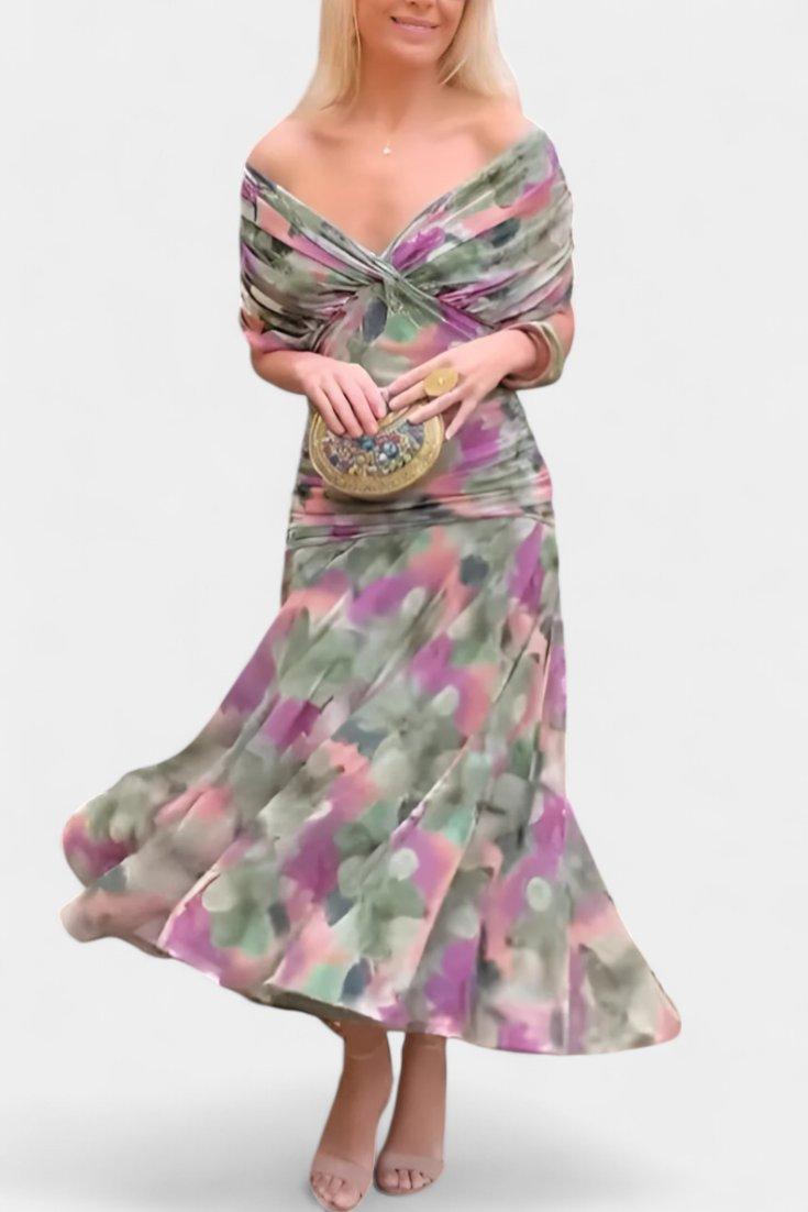 Amelia | Midi Dress Off-Shoulder Chiffon Ruched Twist-Front