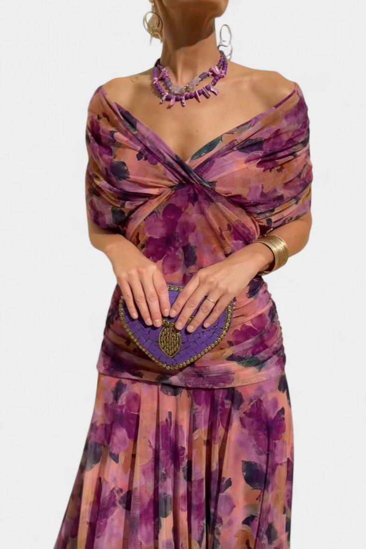 Amelia | Midi Dress Off-Shoulder Chiffon Ruched Twist-Front