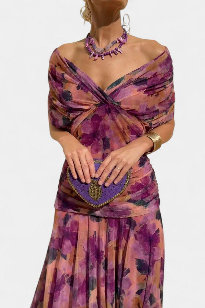 Amelia | Midi Dress Off-Shoulder Chiffon Ruched Twist-Front