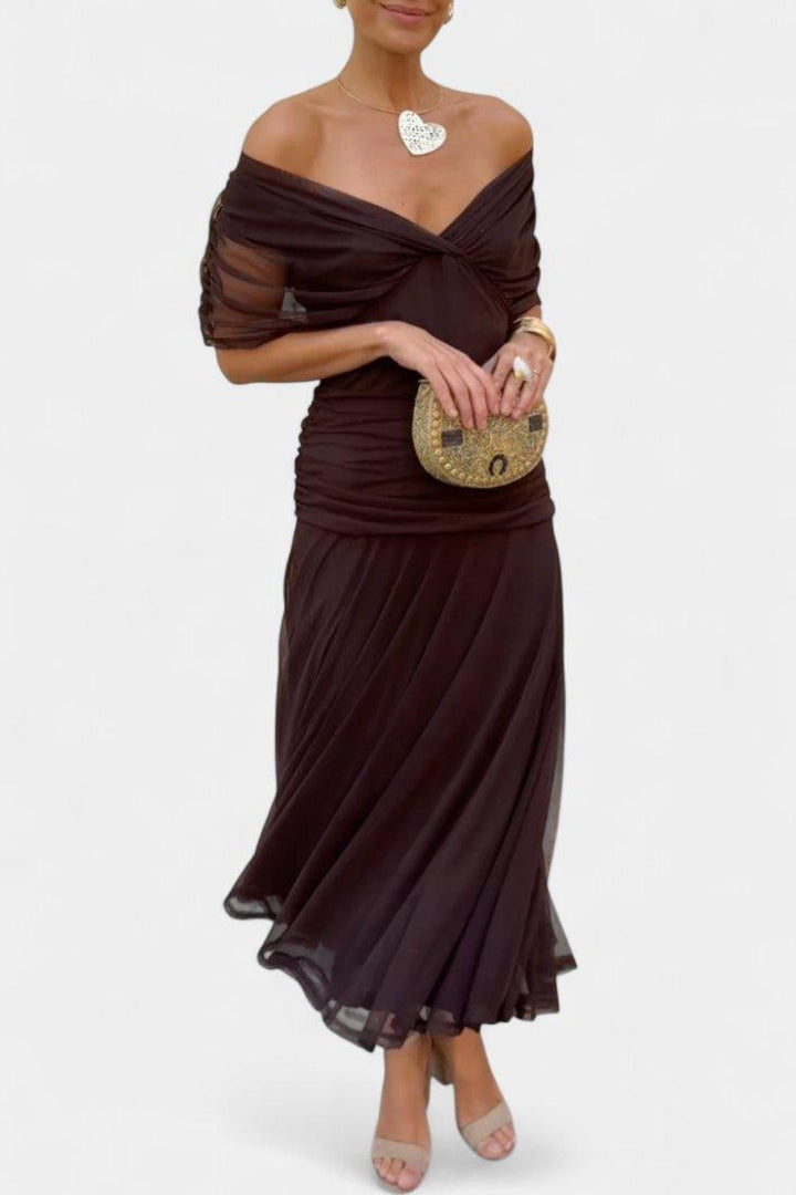 Amelia | Midi Dress Off-Shoulder Chiffon Ruched Twist-Front