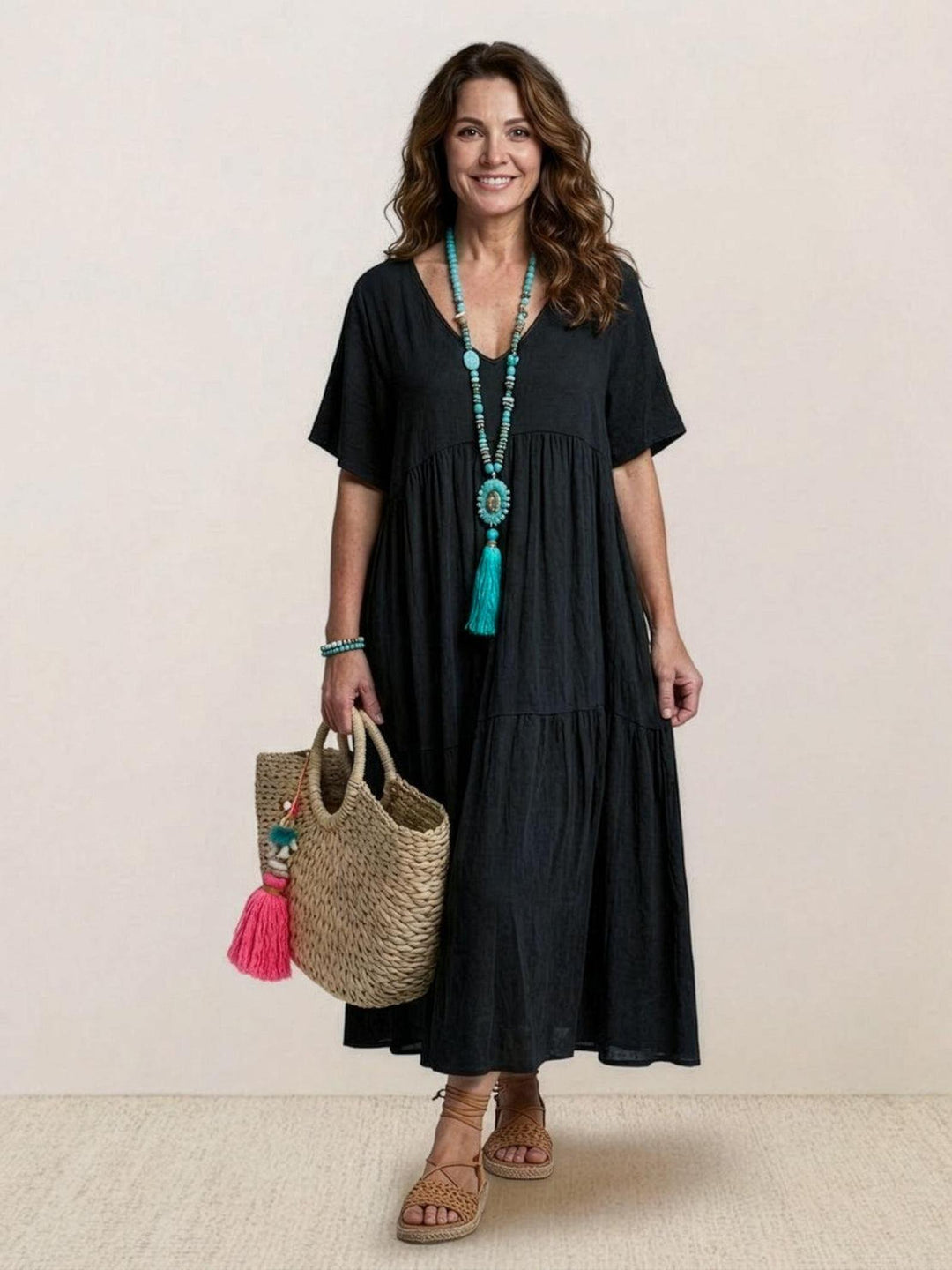 Anna | Women Boho V Neck Tiered Maxi Dress