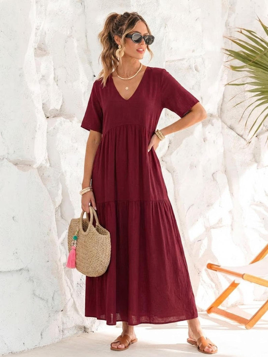 Anna | Women Boho V Neck Tiered Maxi Dress