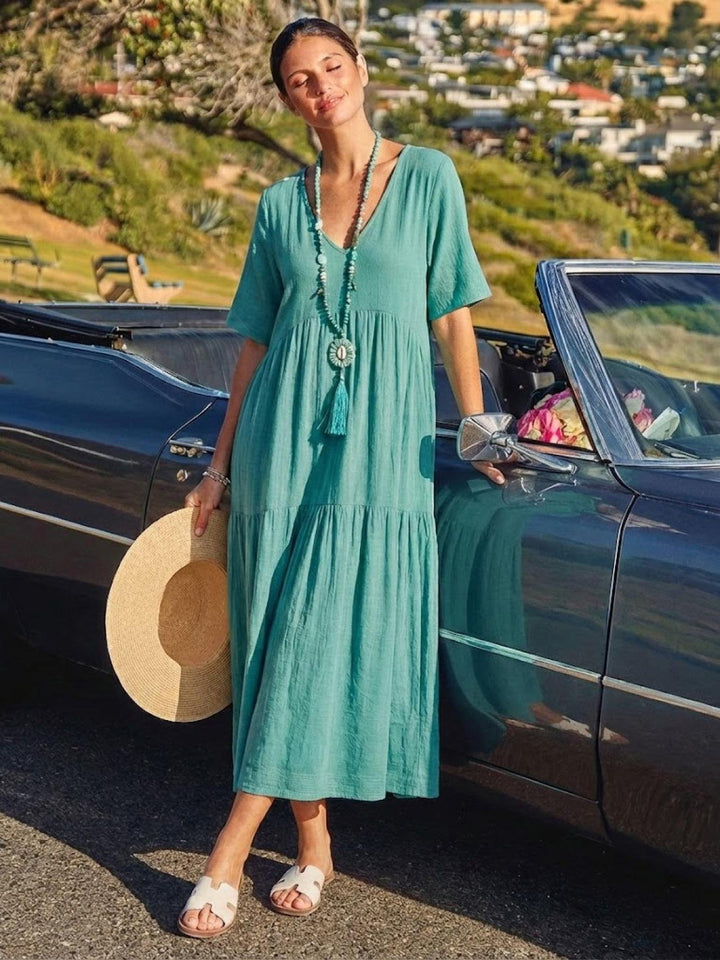 Anna | Women Boho V Neck Tiered Maxi Dress