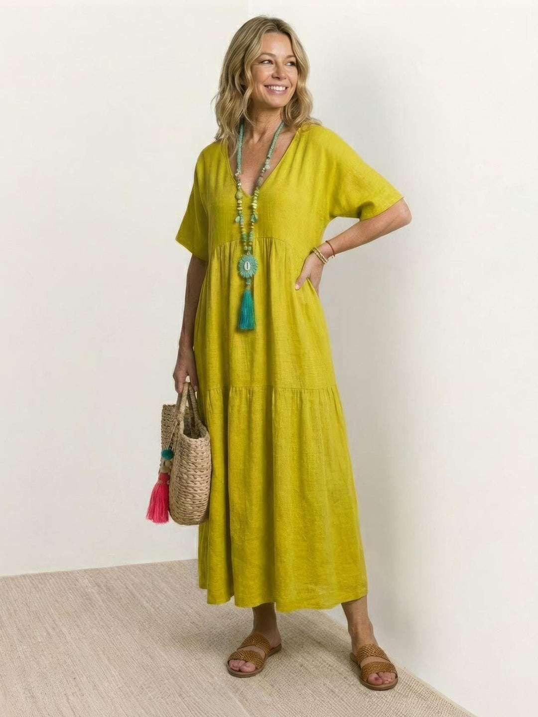 Anna | Women Boho V Neck Tiered Maxi Dress