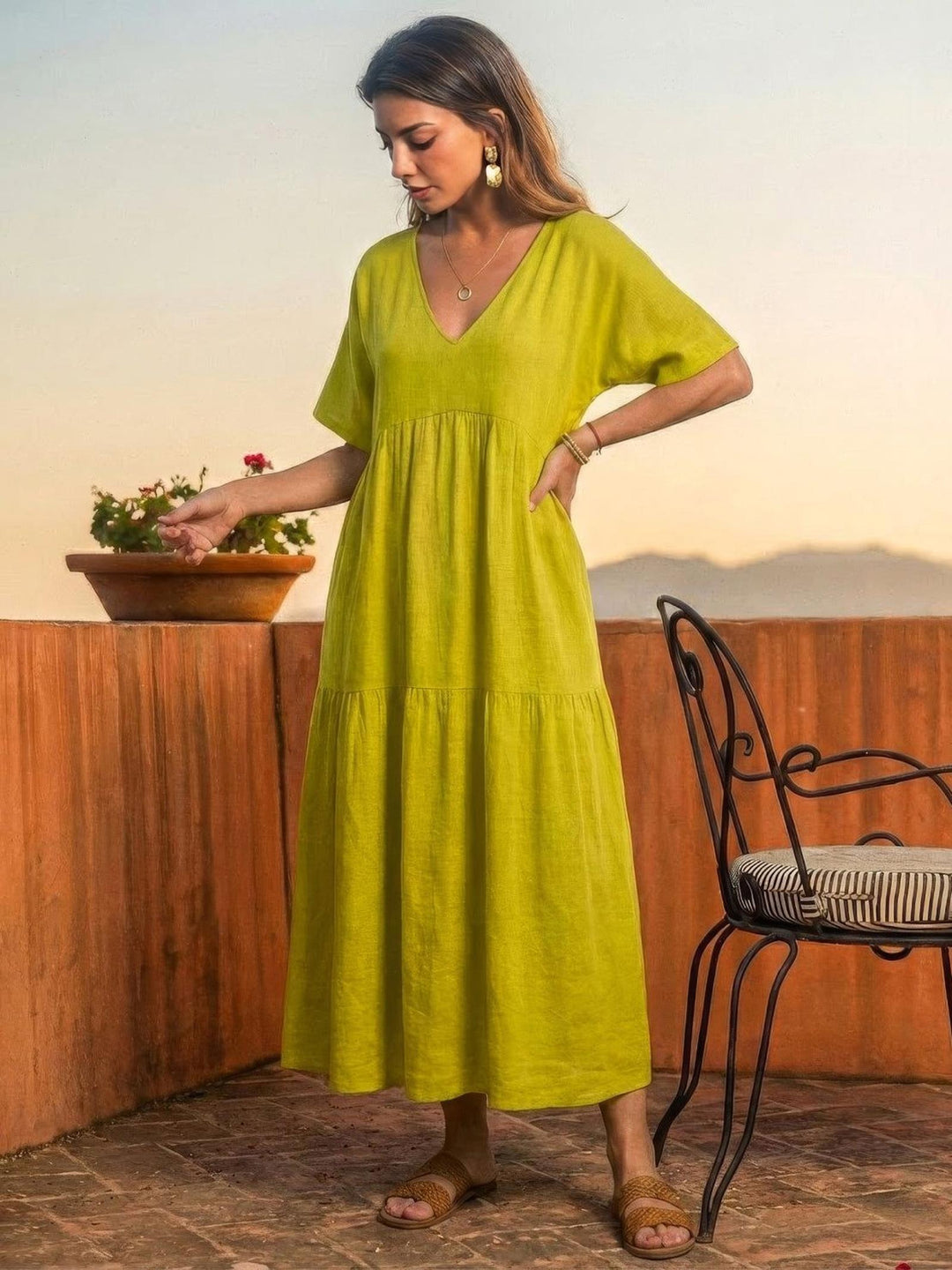 Anna | Women Boho V Neck Tiered Maxi Dress
