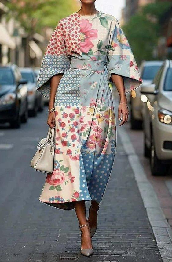 Aria | Midi Dress Kimono Sleeve Belted Floral Embroidered