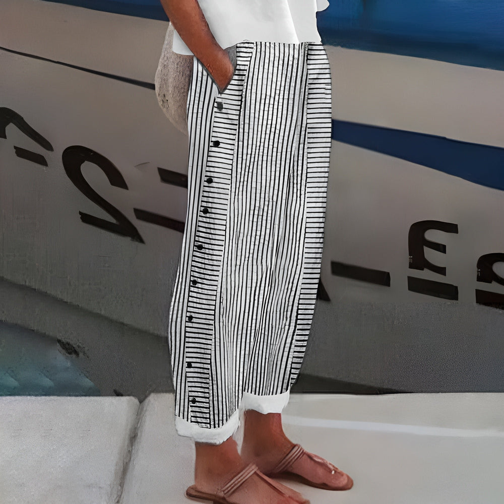 Aria | Women's Linen Striped Wide-Leg Pants High-Waisted Button Detail