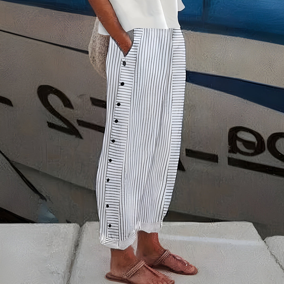 Aria | Women's Linen Striped Wide-Leg Pants High-Waisted Button Detail