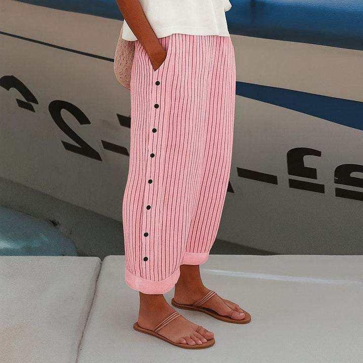 Aria | Women's Linen Striped Wide-Leg Pants High-Waisted Button Detail