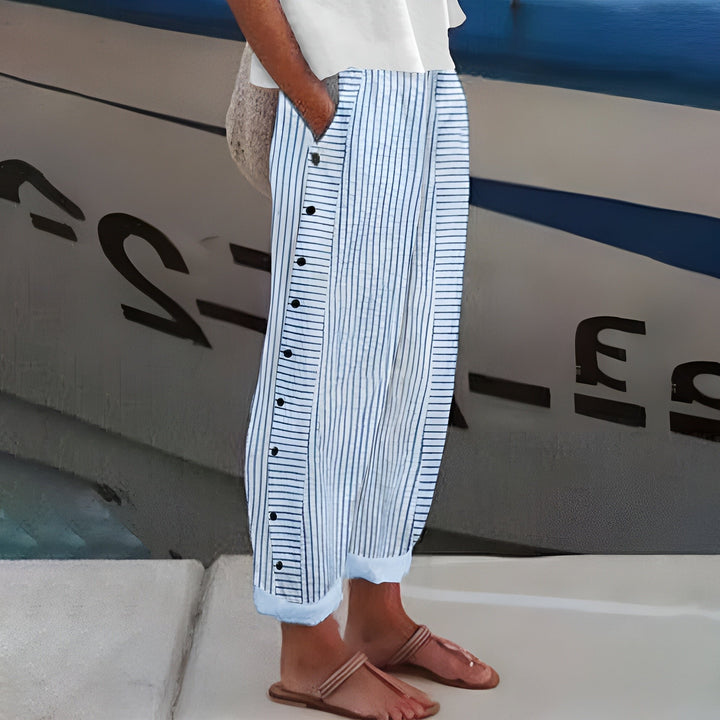 Aria | Women's Linen Striped Wide-Leg Pants High-Waisted Button Detail