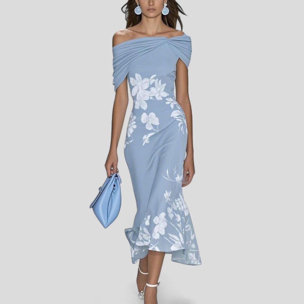 Blair | Women’s Off Shoulder Floral Midi Wedding Guest Dress