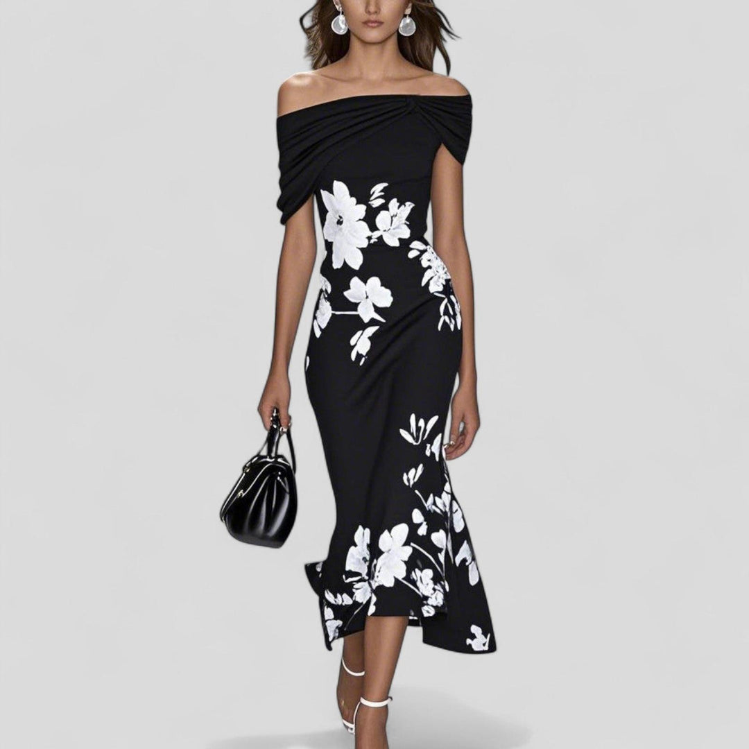 Blair | Women’s Off Shoulder Floral Midi Wedding Guest Dress
