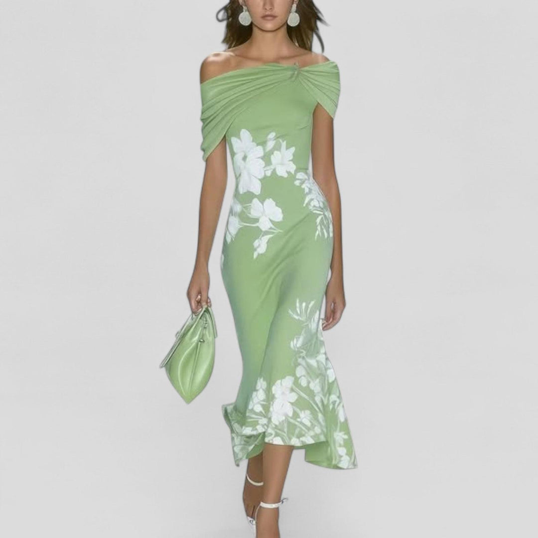 Blair | Women’s Off Shoulder Floral Midi Wedding Guest Dress