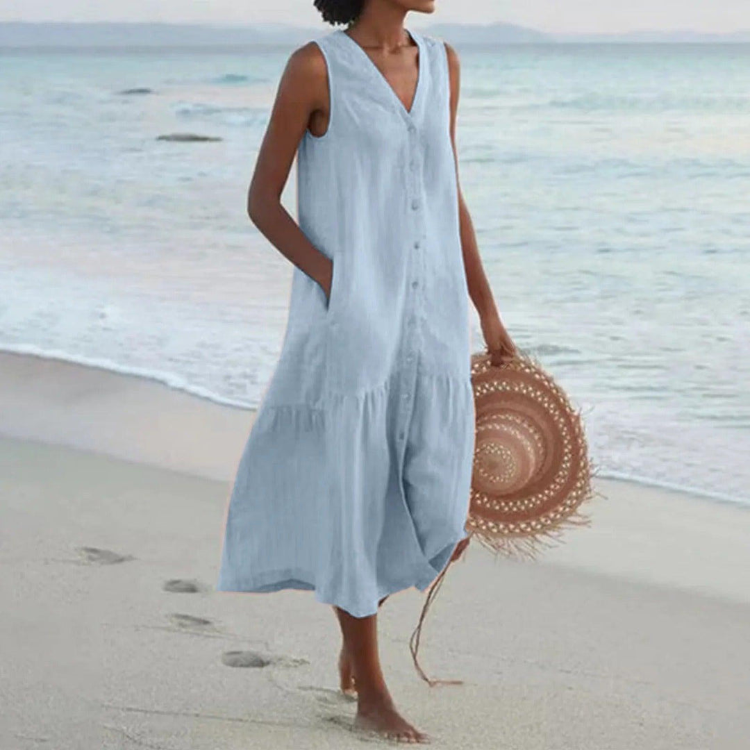 Camila | Linen Sleeveless A-Line Midi Dress Tiered V-Neck