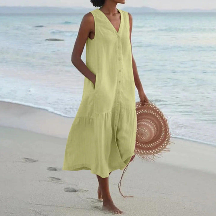 Camila | Linen Sleeveless A-Line Midi Dress Tiered V-Neck