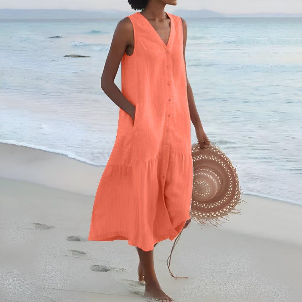 Camila | Linen Sleeveless A-Line Midi Dress Tiered V-Neck
