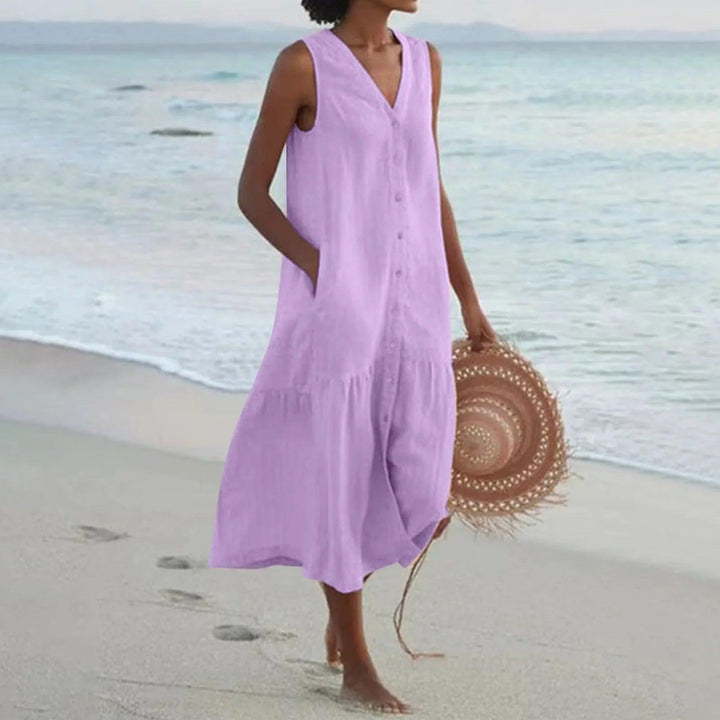 Camila | Linen Sleeveless A-Line Midi Dress Tiered V-Neck
