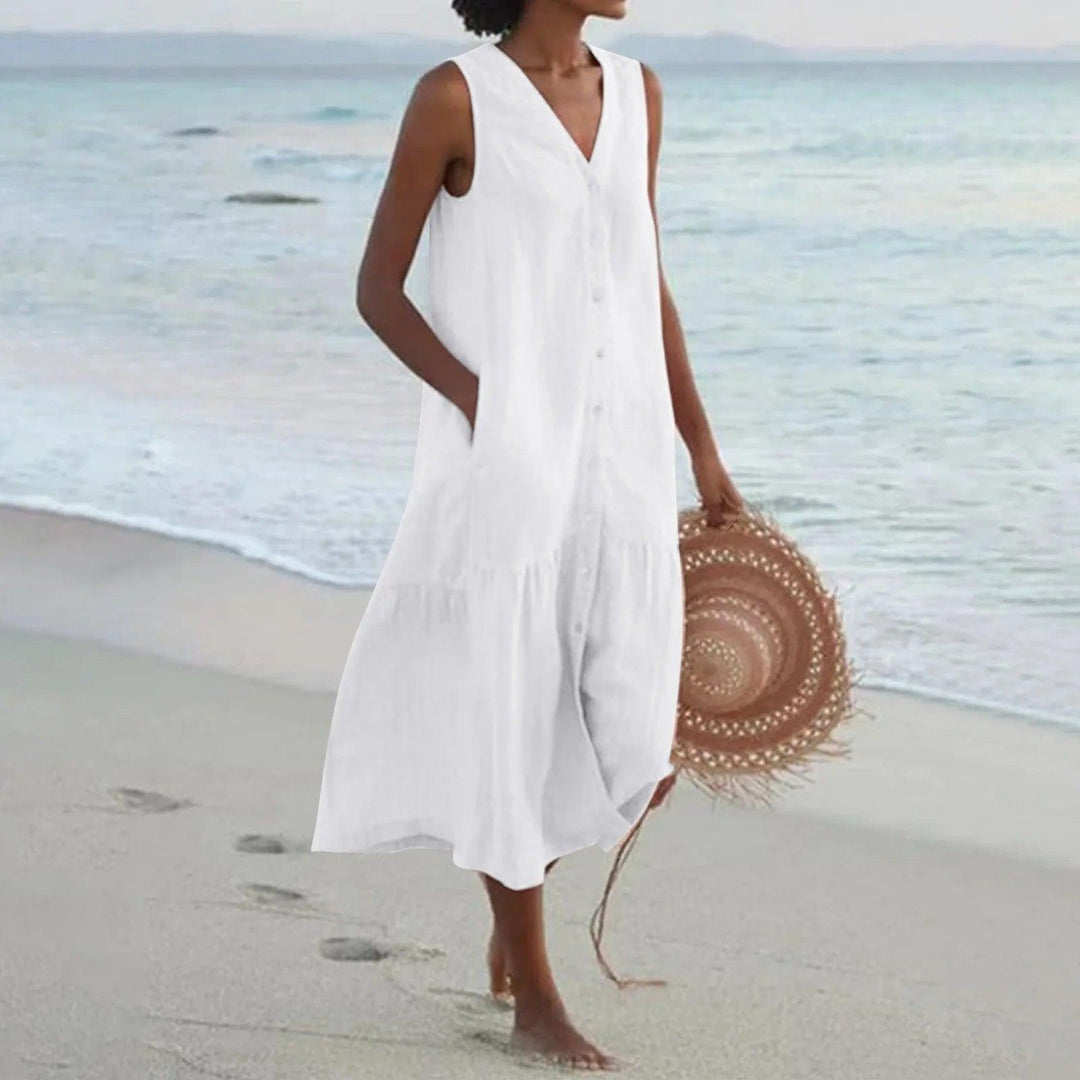 Camila | Linen Sleeveless A-Line Midi Dress Tiered V-Neck