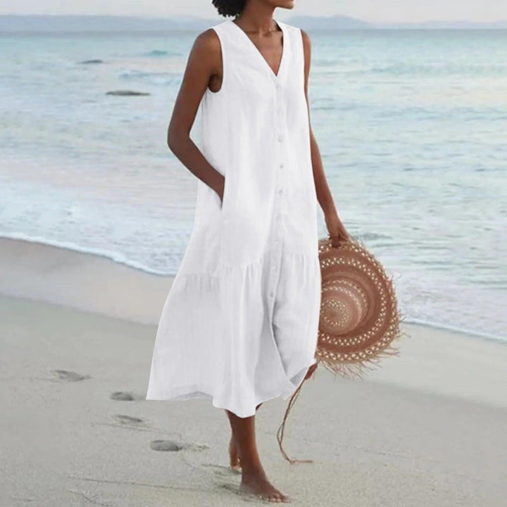 Camila | Linen Sleeveless A-Line Midi Dress Tiered V-Neck