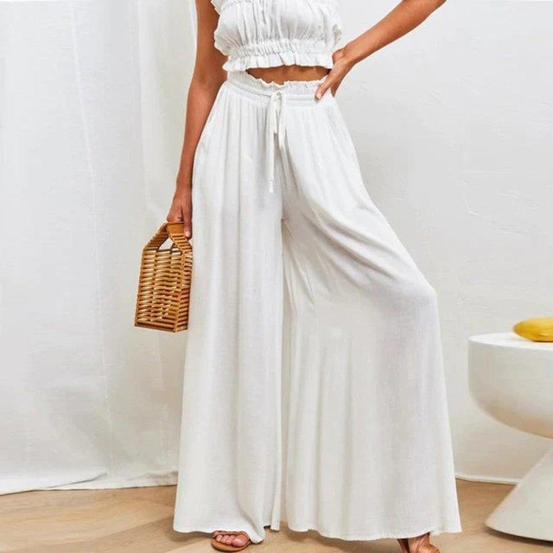 Camila | Linen Wide Leg Pants High Waist Drawstring Pockets A-Line