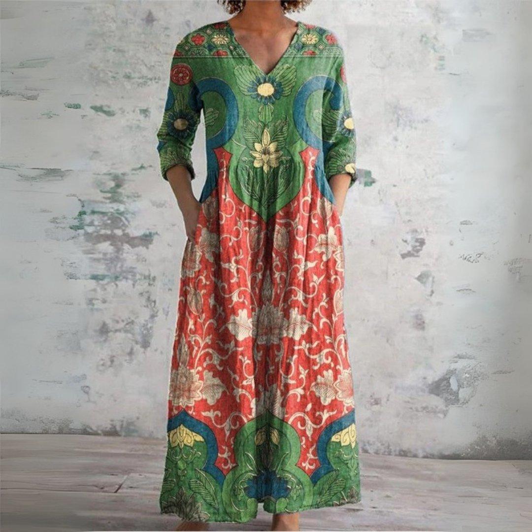 Camila | Maxi Dress V-Neck Linen Boho Floral Long Sleeve Pockets