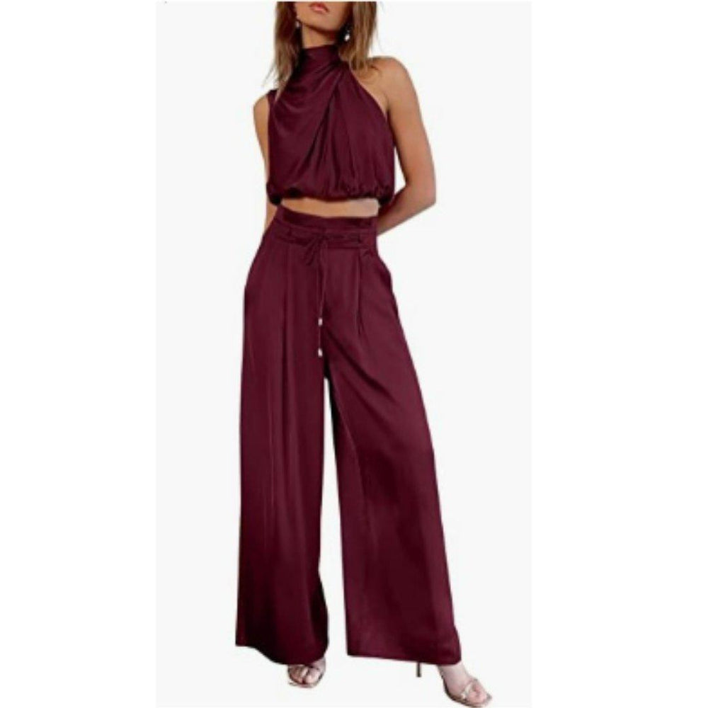 Camila | Satin Two-Piece Set Crop Top Wide Leg Pants Mock Neck
