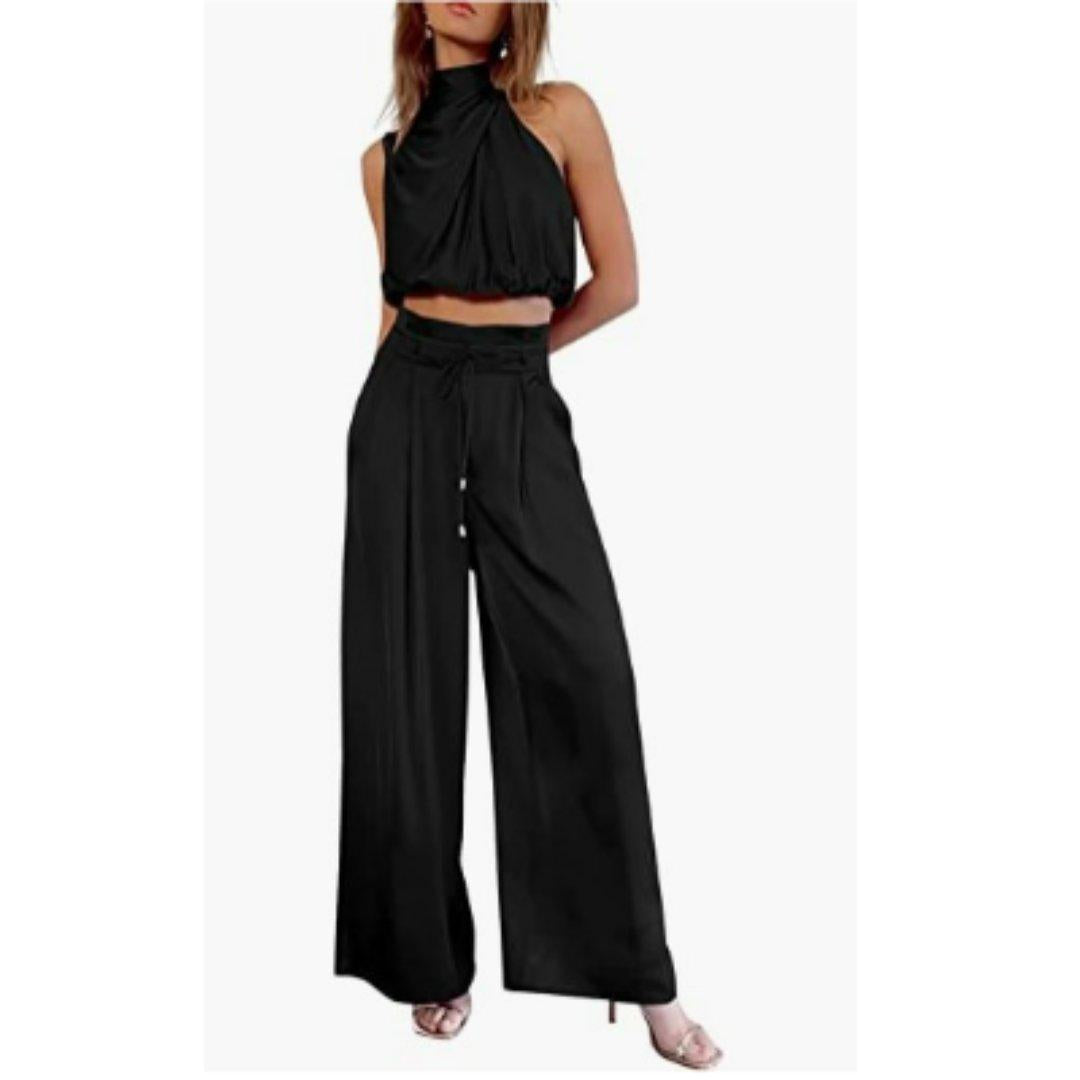 Camila | Satin Two-Piece Set Crop Top Wide Leg Pants Mock Neck