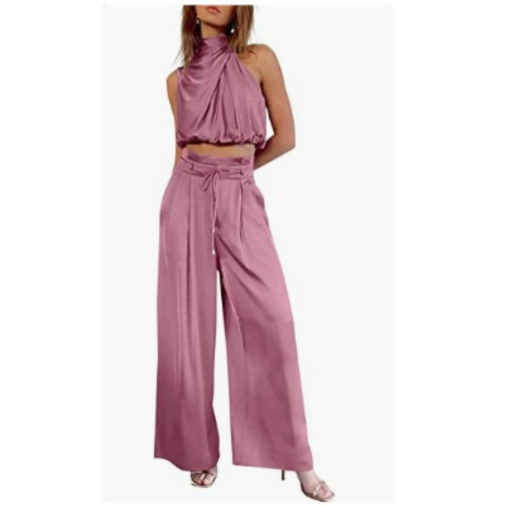 Camila | Satin Two-Piece Set Crop Top Wide Leg Pants Mock Neck