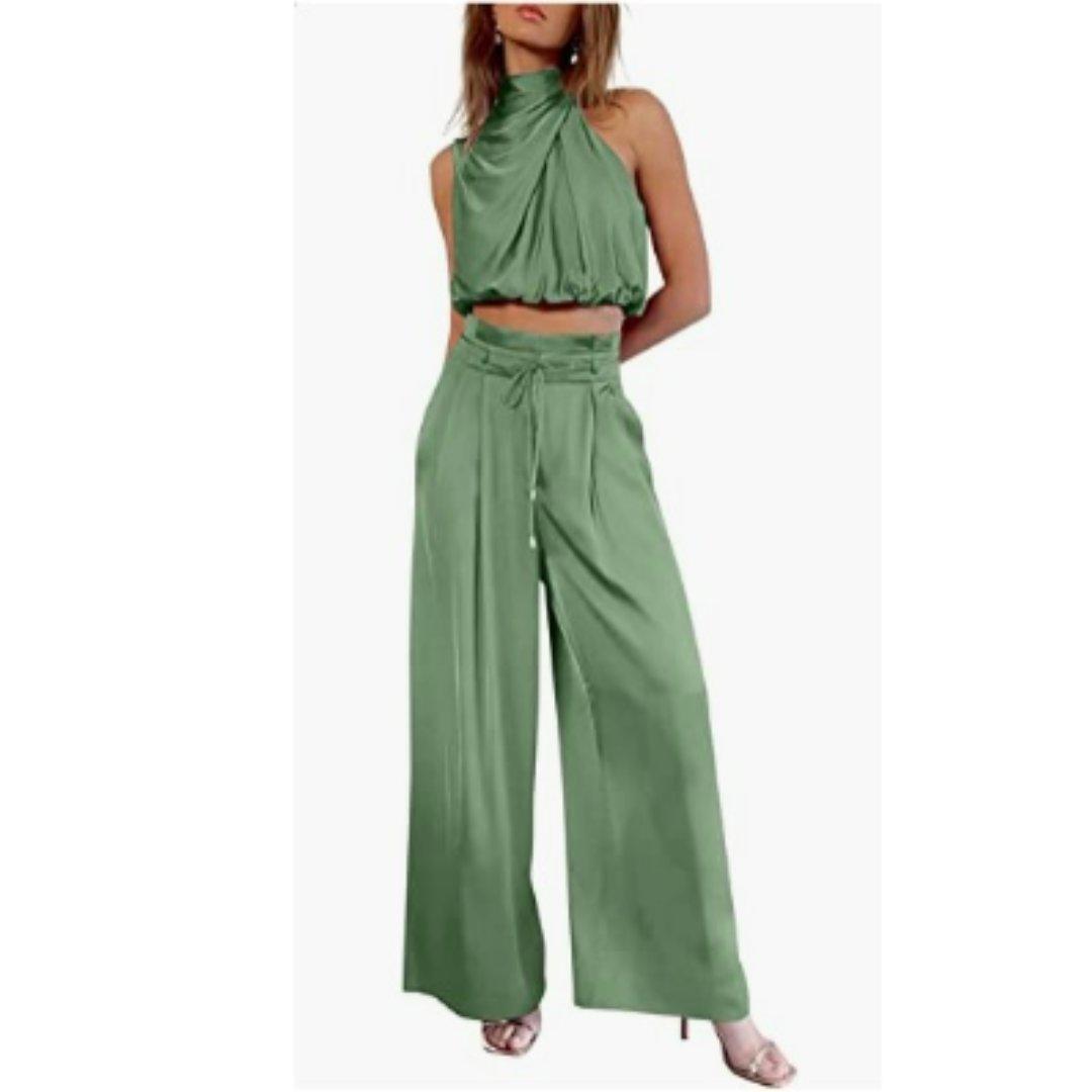 Camila | Satin Two-Piece Set Crop Top Wide Leg Pants Mock Neck
