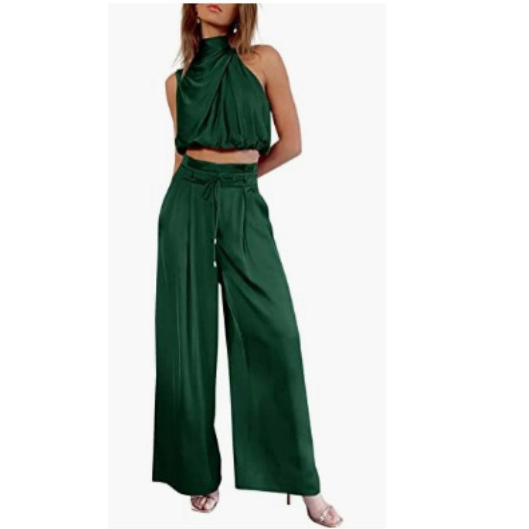 Camila | Satin Two-Piece Set Crop Top Wide Leg Pants Mock Neck