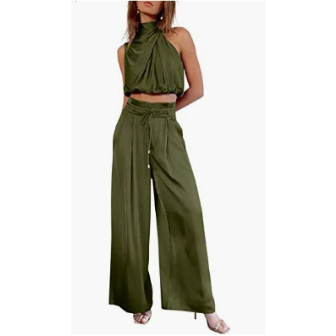 Camila | Satin Two-Piece Set Crop Top Wide Leg Pants Mock Neck