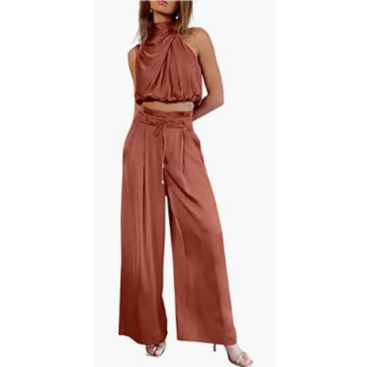 Camila | Satin Two-Piece Set Crop Top Wide Leg Pants Mock Neck