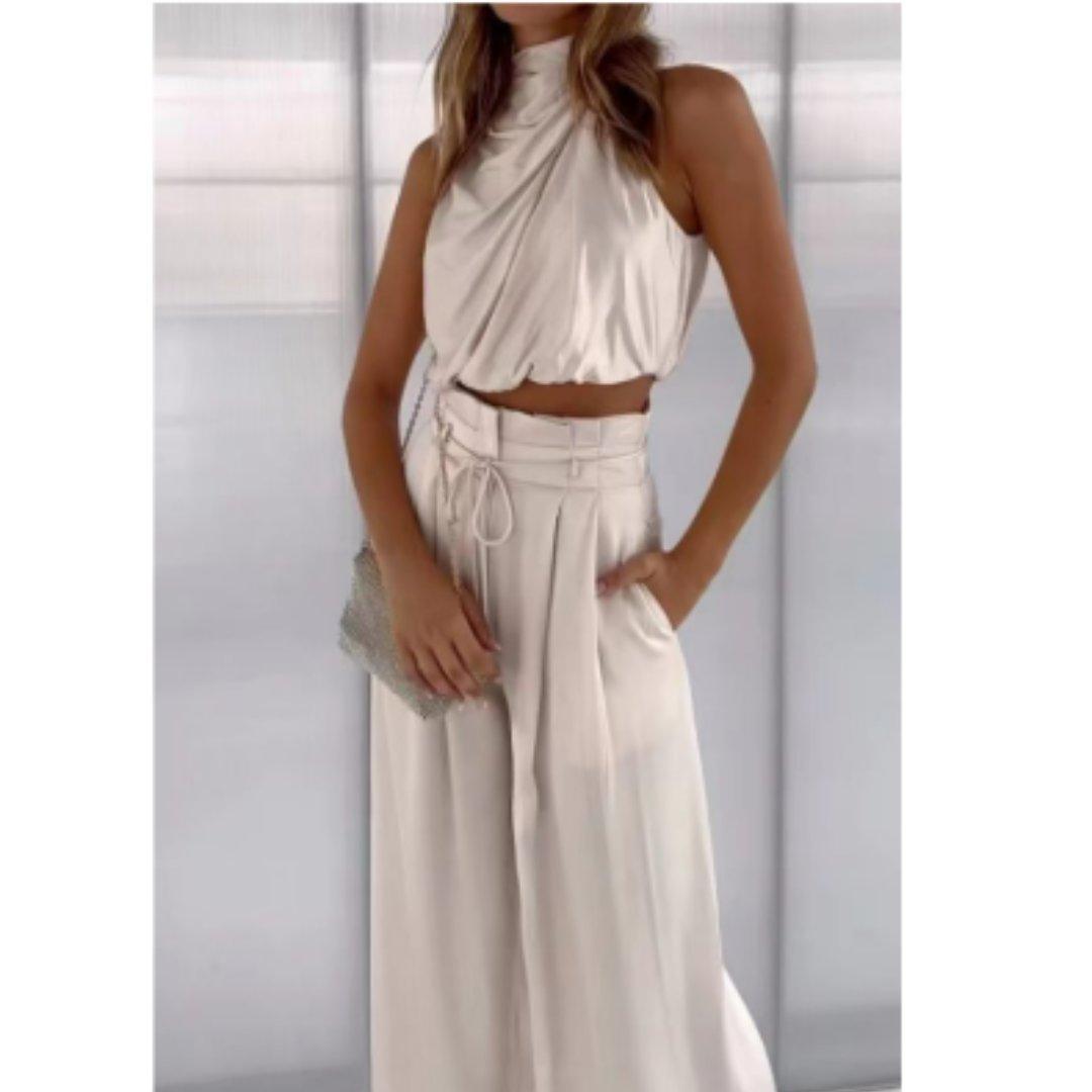 Camila | Satin Two-Piece Set Crop Top Wide Leg Pants Mock Neck