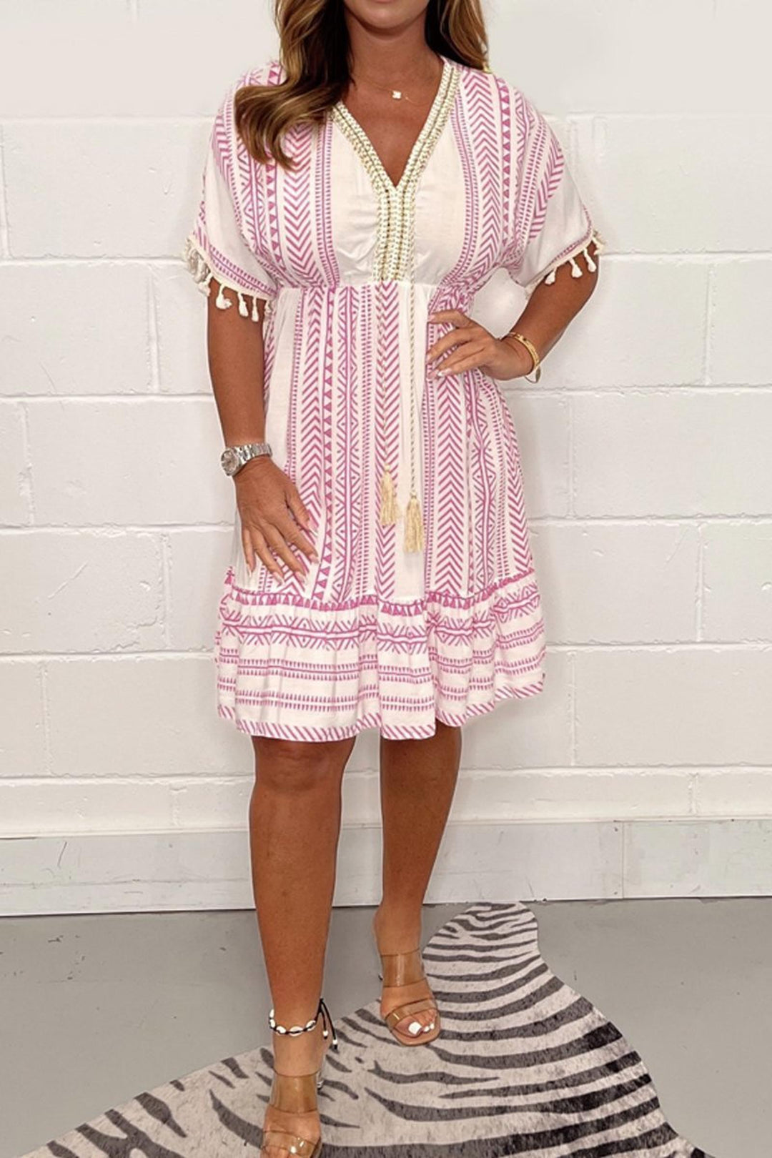 Caroline | Women’s Boho Printed Tassel Mini Dress