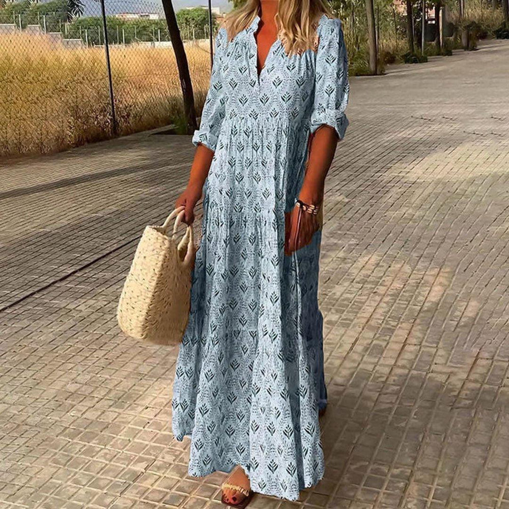 Charlotte | Boho Maxi Dress V-Neck Long Sleeve Roll-Up Print