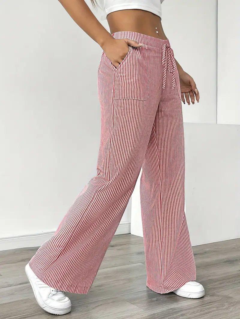 Charlotte | Linen Striped Wide Leg Pants Drawstring Waist Pockets