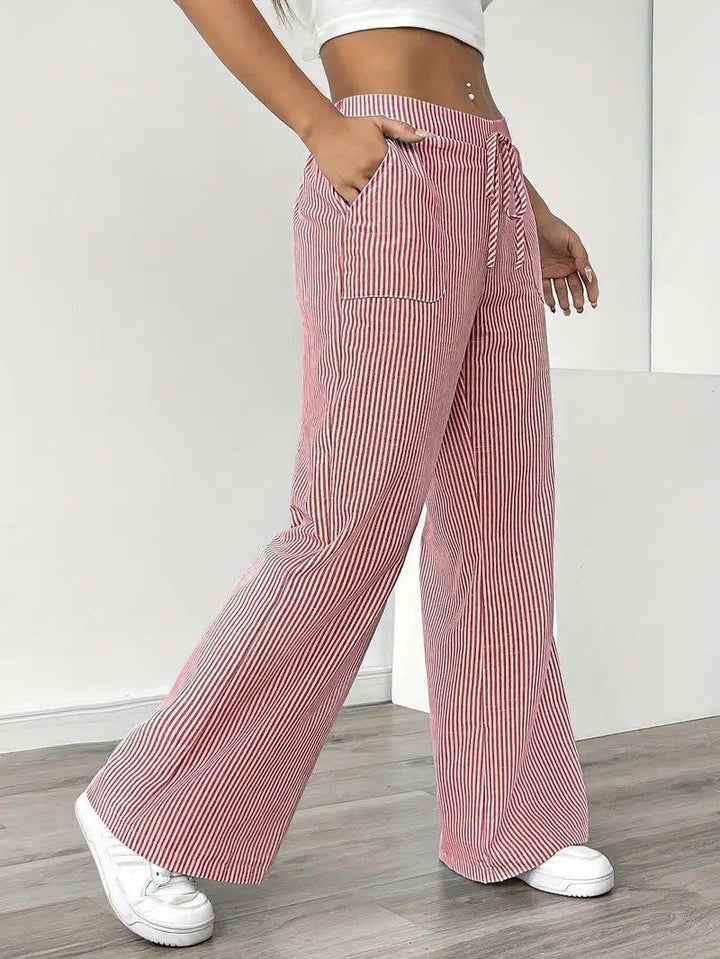 Charlotte | Linen Striped Wide Leg Pants Drawstring Waist Pockets