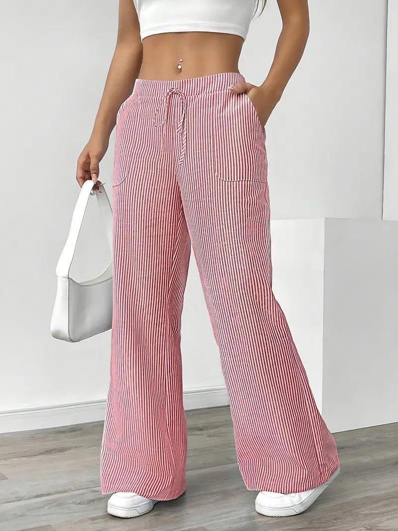 Charlotte | Linen Striped Wide Leg Pants Drawstring Waist Pockets