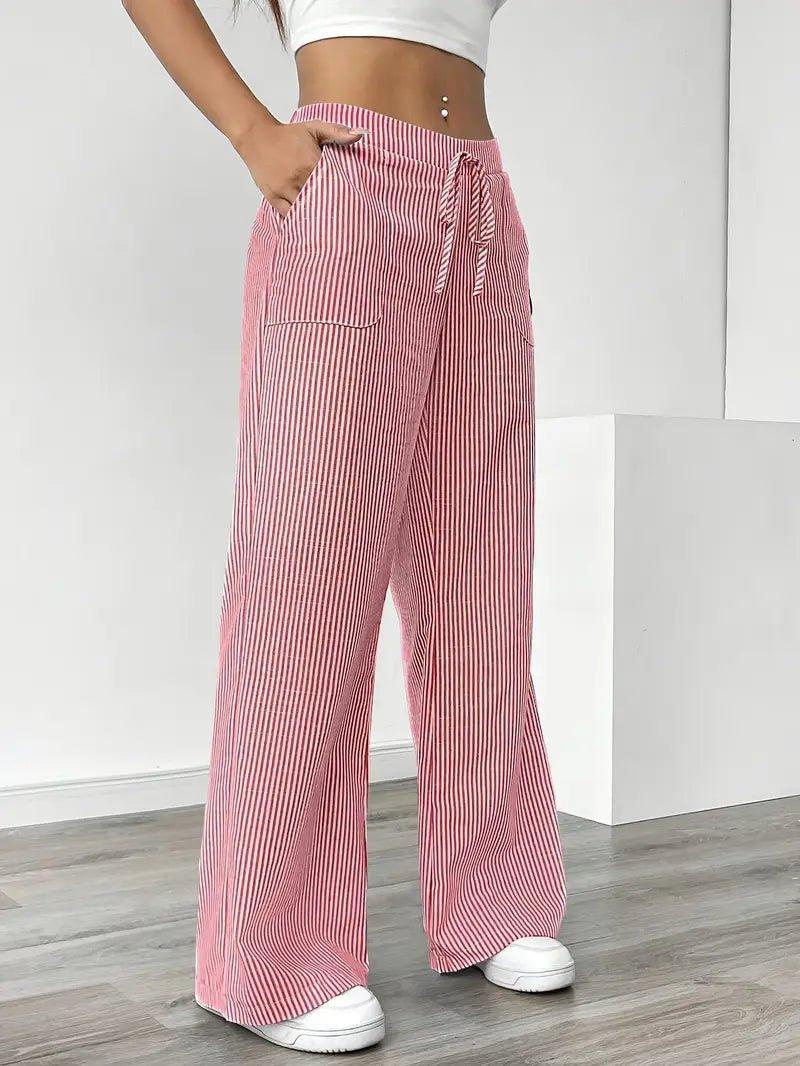 Charlotte | Linen Striped Wide Leg Pants Drawstring Waist Pockets