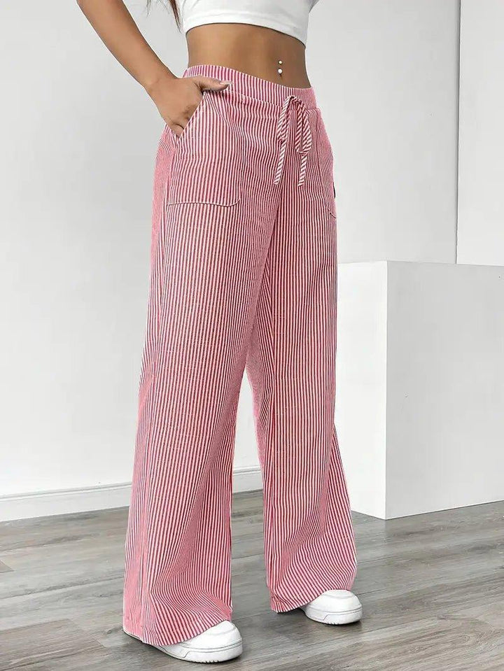 Charlotte | Linen Striped Wide Leg Pants Drawstring Waist Pockets