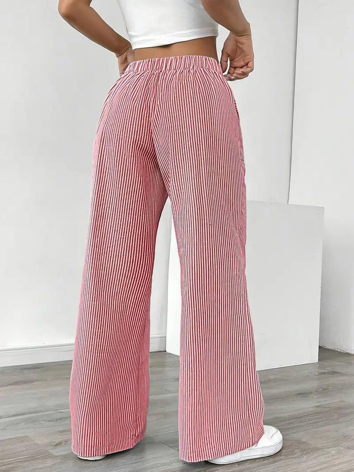 Charlotte | Linen Striped Wide Leg Pants Drawstring Waist Pockets