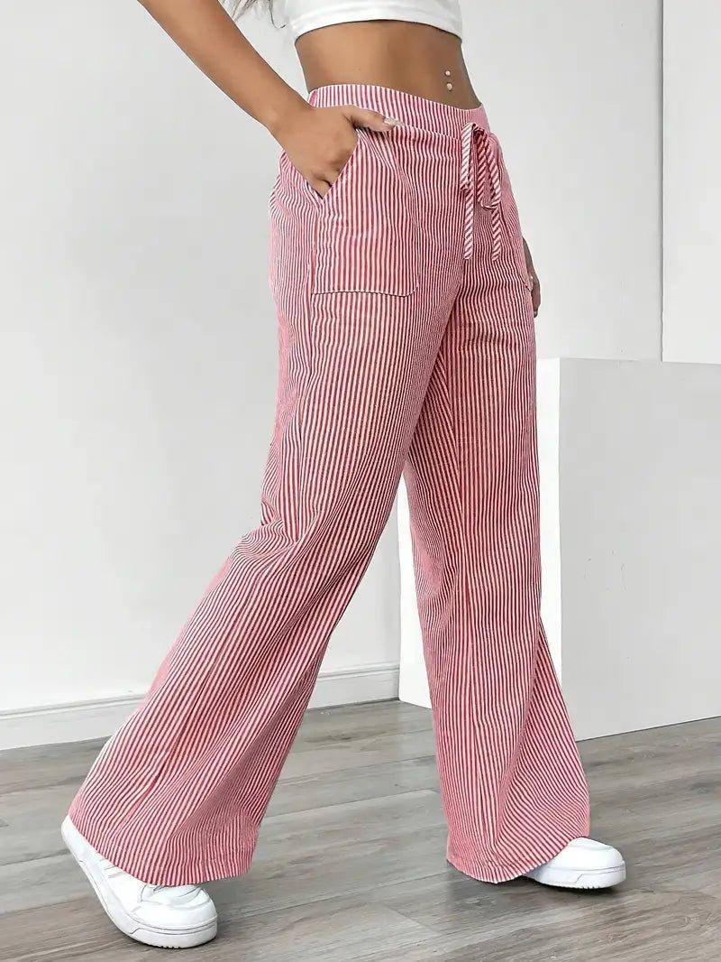 Charlotte | Linen Striped Wide Leg Pants Drawstring Waist Pockets