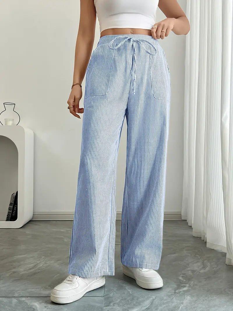 Charlotte | Linen Striped Wide Leg Pants Drawstring Waist Pockets
