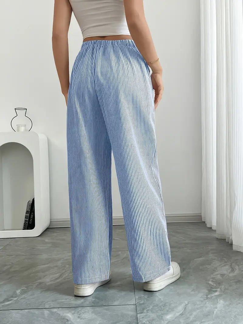 Charlotte | Linen Striped Wide Leg Pants Drawstring Waist Pockets